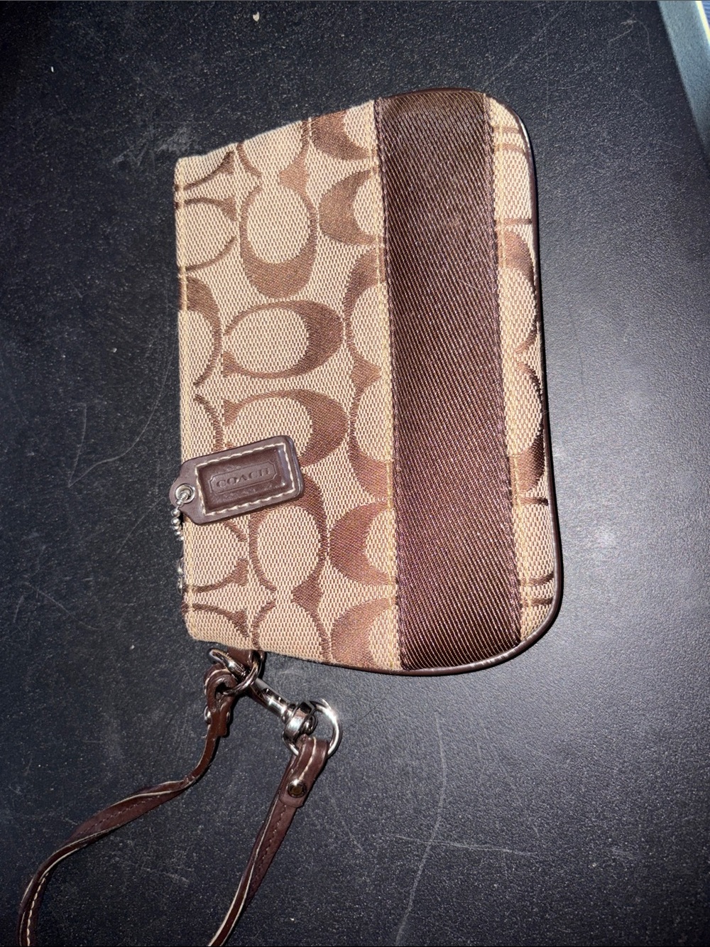 Coach Brown Signature Canvas Zip Wristlet with Leather Trim